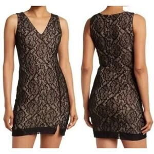 NWT DRESS THE POPULATION Black Lace Cocktail MIDI V-Neck Sheath Dress Sz M EUC